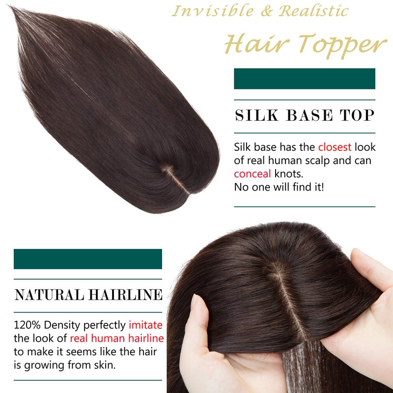 S-noilite Human Hair Toppers 130% Density Hand Made Silk Base Clip in Topper Top Hair Pieces For Women with Thinning Hair/Hair Loss Cover Gray Hair 12Inch 40g #2 Dark Brown - Image 2